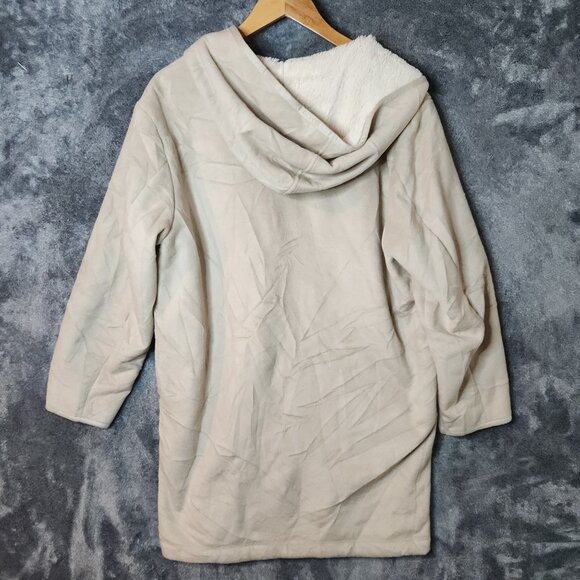 Uniqlo Jacket Womens XL Tan Cream Suede Faux Fleece Longline Coat Hood Sherpa - Picture 2 of 8